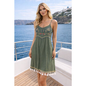 Spense Embroidered Knee Length Sundress Tassel Hem Boho Coastal Vaca Old Money S